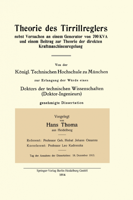 THEORIE DES TIRRILLREGLERS NEBST VERSUCHEN AN EINEM GENERATO