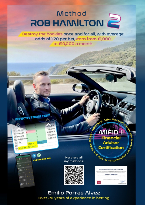 Method ROB HAMILTON 2, Destroy the bookies once and for all, with average odds of 1.70 per bet, earn from £1,000 to £10,000 a month, Over 20 years of experience in betting.