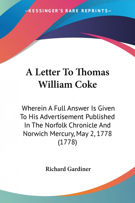 A Letter To Thomas William Coke