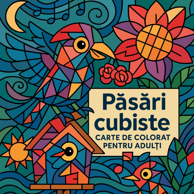 Păsări cubiste - Carte de colorat pentru adulți