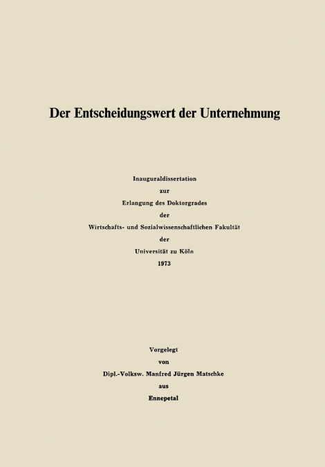 Der Entscheidungswert Der Unternehmung
