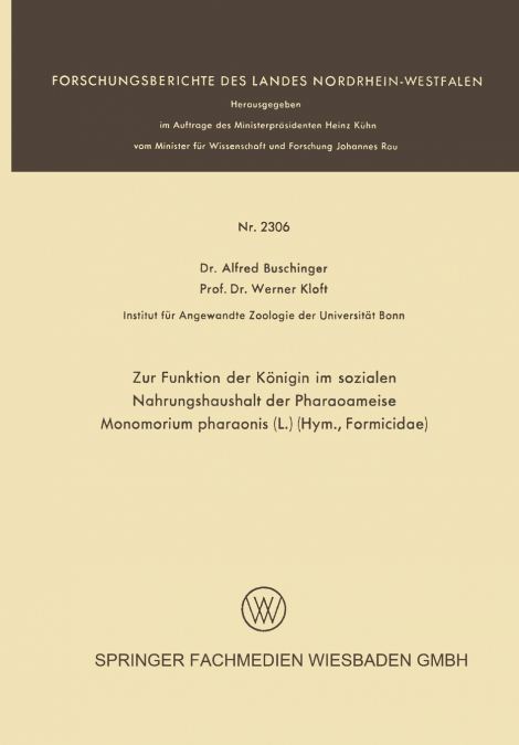 Zur Funktion Der Konigin Im Sozialen Nahrungshaushalt Der Pharaoameise Monomorium Pharaonis (L.) (Hym., Formicidae)