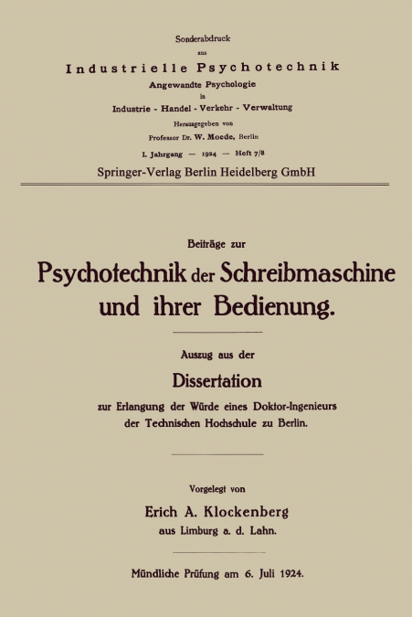 Beitrage Zur Psychotechnik Der Schreibmaschine Und Ihrer Bedienung