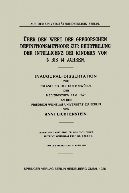 Uber Den Wert Der Gregorschen Definitionsmethode Zur Beurteilung Der Intelligenz Bei Kindern Von 5 Bis 14 Jahren