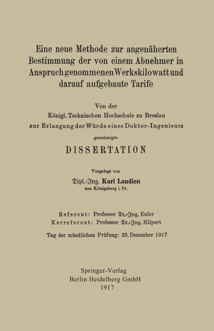 Eine Neue Methode Zur Angenaherten Bestimmung Der Von Einem Abnehmer in Anspruch Genommenen Werkskilowatt Und Darauf Aufgebaute Tarife