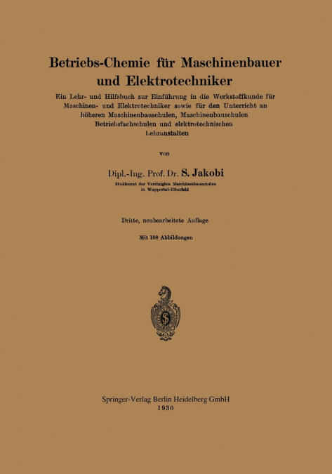 Betriebs-Chemie Fur Maschinenbauer Und Elektrotechniker