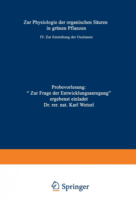 Zur Physiologie Der Organischen Sauren in Grunen Pflanzen